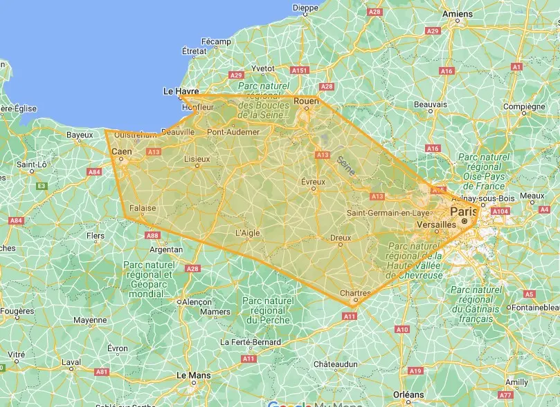 Carte google illustrant la zone d'intervention de *Un Temps Pour Soi*, couvrant la Normandie (Eure, Seine-Maritime, Calvados, Orne), l'Eure-et-Loir, les Yvelines et Paris. Ces régions bénéficient des services de massage assis en entreprise, visant à réduire le stress et à améliorer la qualité de vie au travail. Avec une large zone de couverture, Sandrine propose des séances adaptées aux besoins des entreprises, favorisant détente et bien-être pour les collaborateurs.