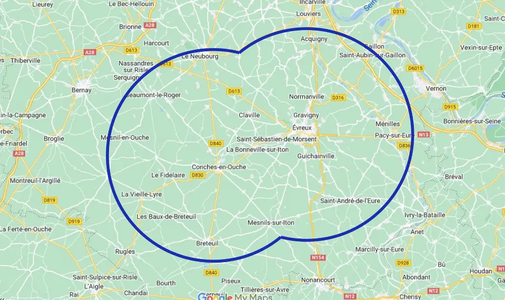 Carte Google montrant les zones d'intervention pour des séances de massage assis à domicile, couvrant un rayon de 20 km autour d'Évreux et de Conches-en-Ouche. Offrez-vous un moment de détente et de bien-être directement chez vous, avec une solution de massage adaptée pour réduire le stress et améliorer votre relaxation dans le confort de votre domicile.